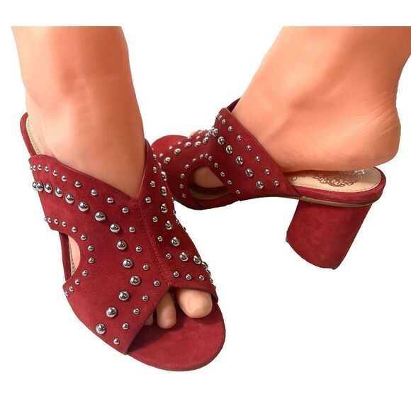 Vince Camuto Red Heeled Sandals Womens 6M Red Suede Studded Slip On Open Toe New - Picture 1 of 12